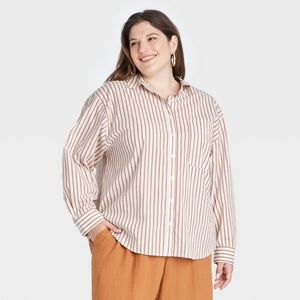 Women’s Plus Size Striped Long Sleeve Button-Down Boyfriend Shirt - A New Day